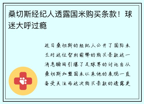 桑切斯经纪人透露国米购买条款！球迷大呼过瘾